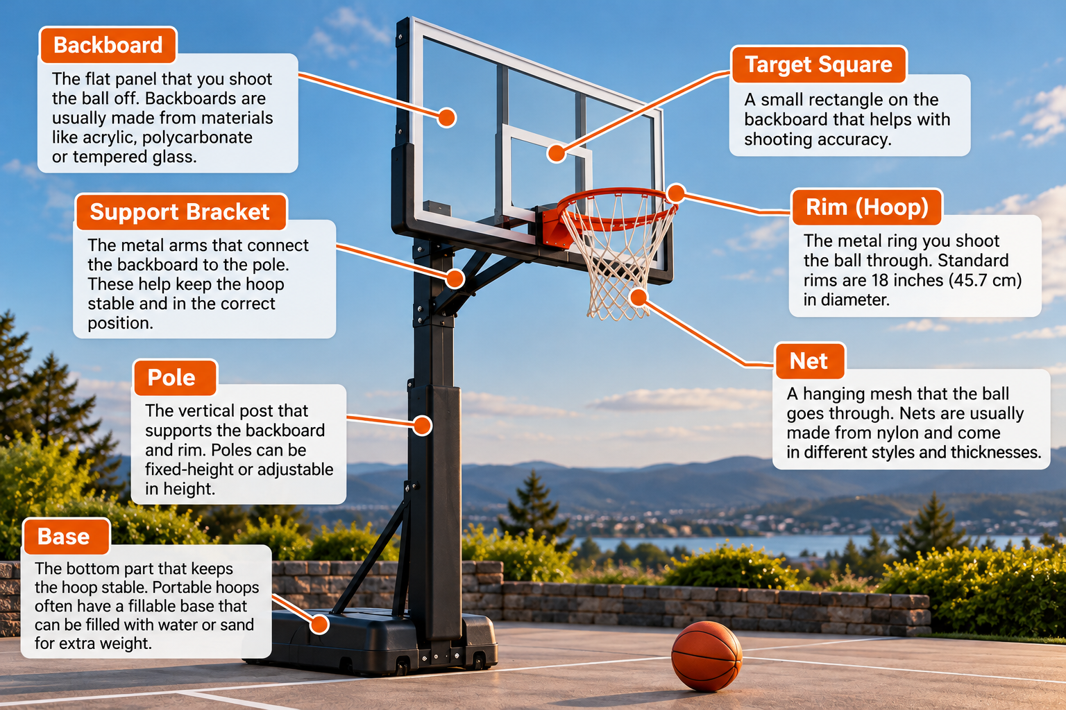 Labeled diagram showing the backboard, rim, net, support bracket, pole, and base of a basketball hoop