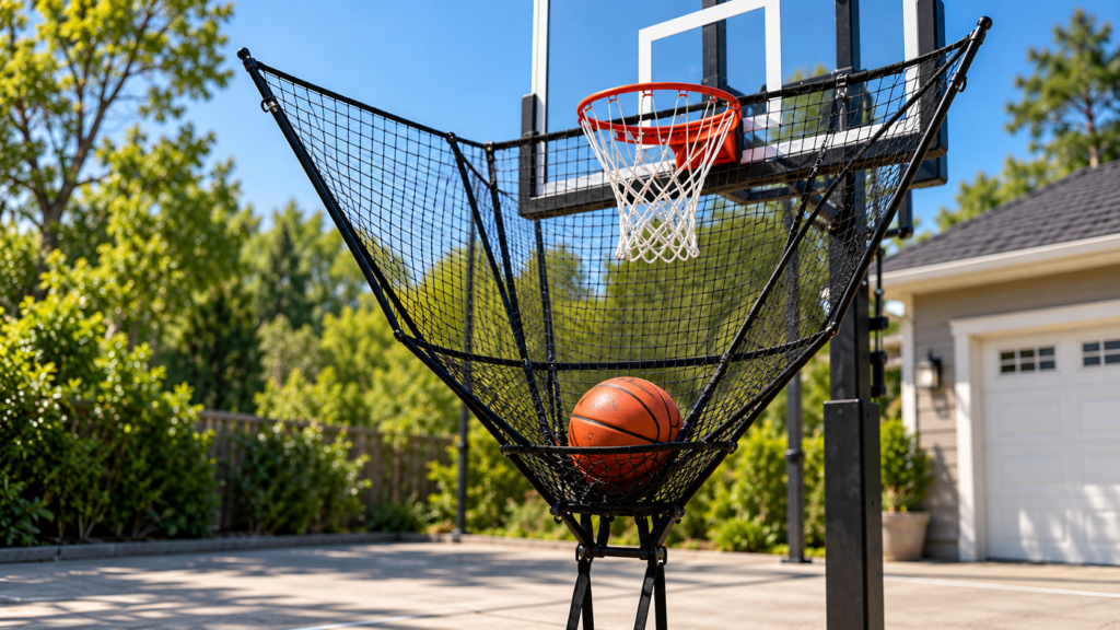 Basketball rebounder comparison showing a made-shot return chute versus a rebounder that catches missed shots