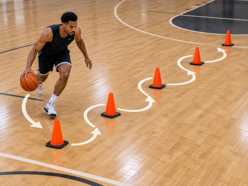 Basketball player practising a dribbling drill through training cones