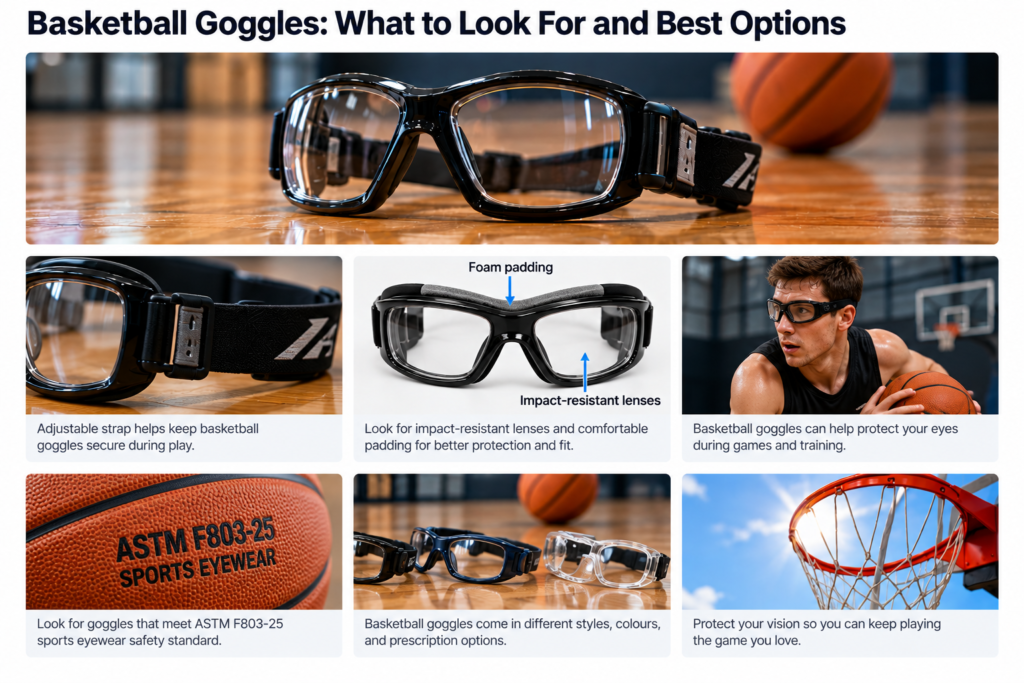 Basketball goggles infographic showing secure fit, impact-resistant lenses, padding, and ASTM F803-25