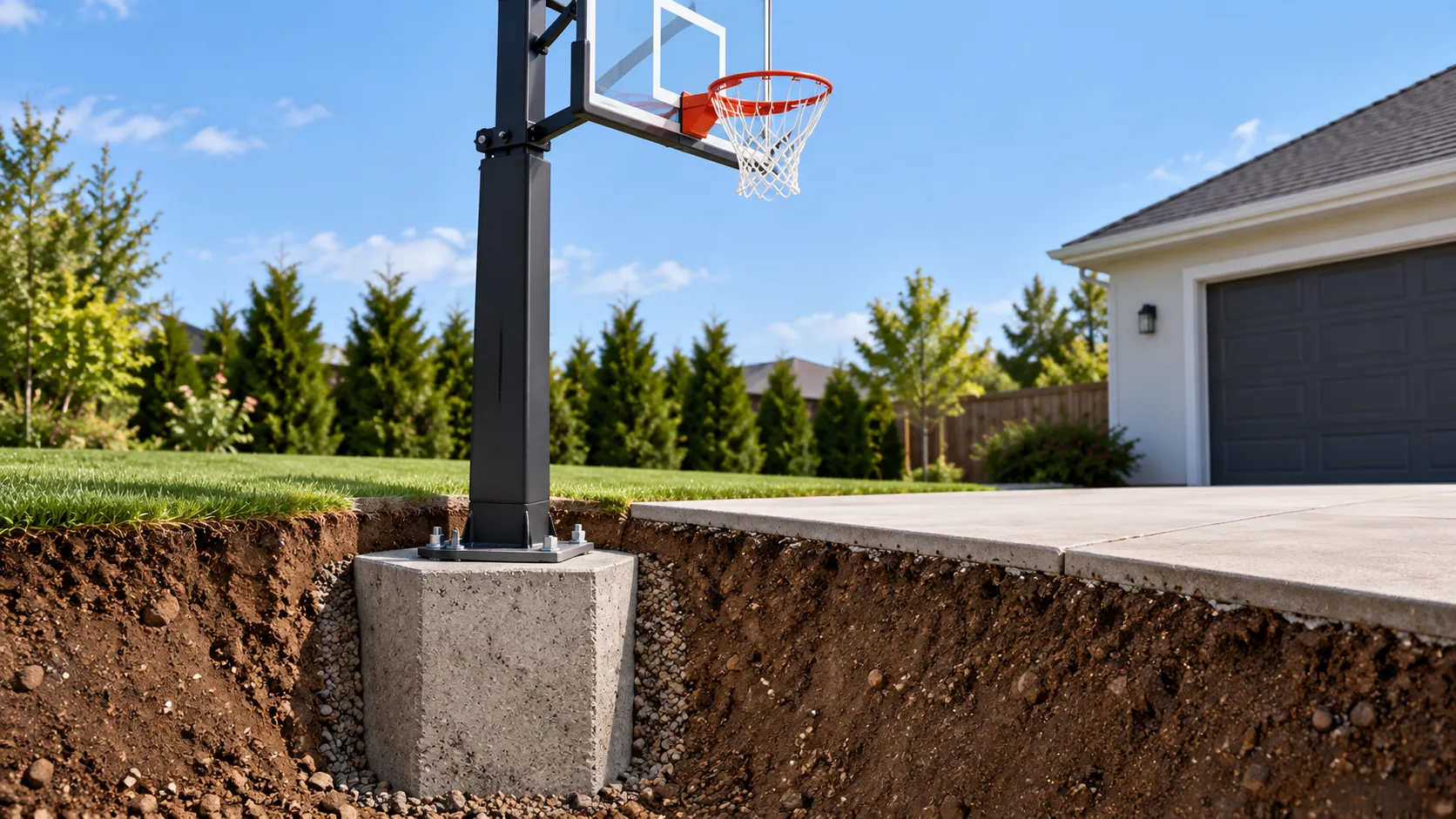 Illustration of an in-ground basketball hoop secured to a concrete foundation with anchor bolts