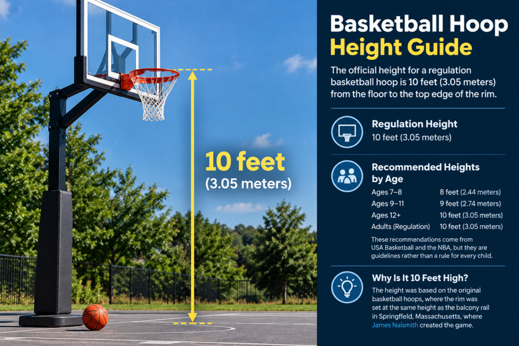 Basketball hoop height infographic showing 10-foot regulation height and recommended rim heights by age