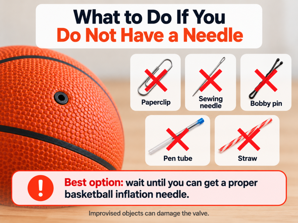 Paperclip, sewing needle, bobby pin, pen tube and straw shown as unsafe alternatives to a basketball inflation needle