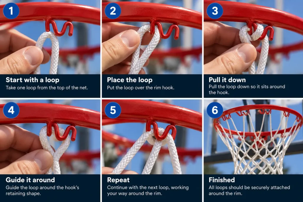 Six-step illustration showing how to attach basketball net loops to rim hooks