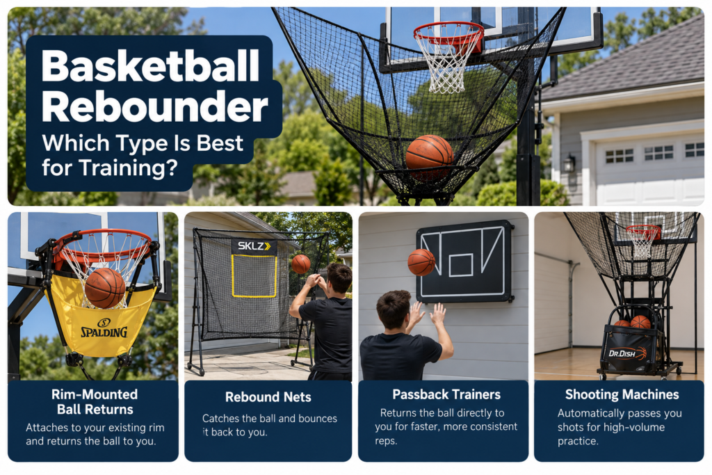 Basketball rebounder infographic comparing rim-mounted ball returns, rebound nets, passback trainers, and shooting machines
