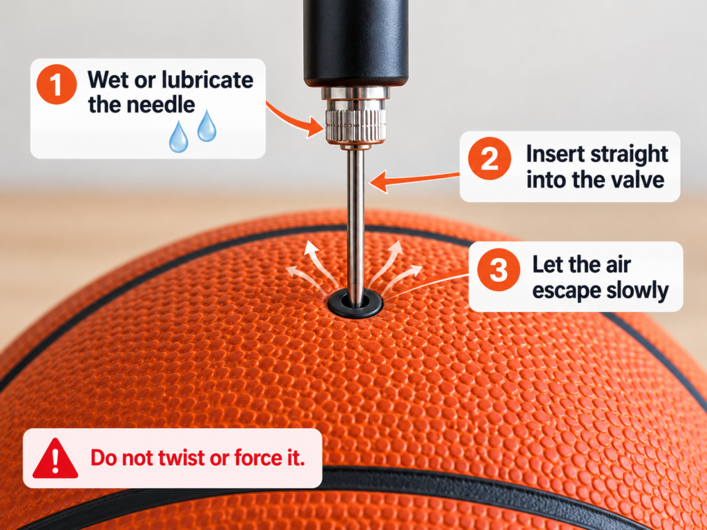 Step-by-step guide showing how to deflate a basketball safely with an inflation needle