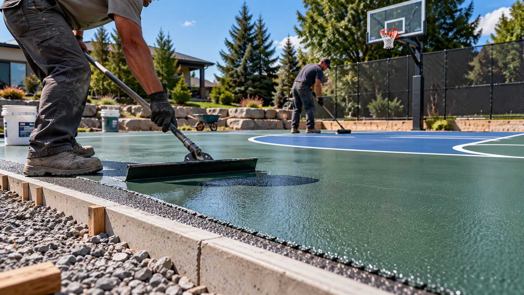 Workers applying a new surface coating to an outdoor basketball court