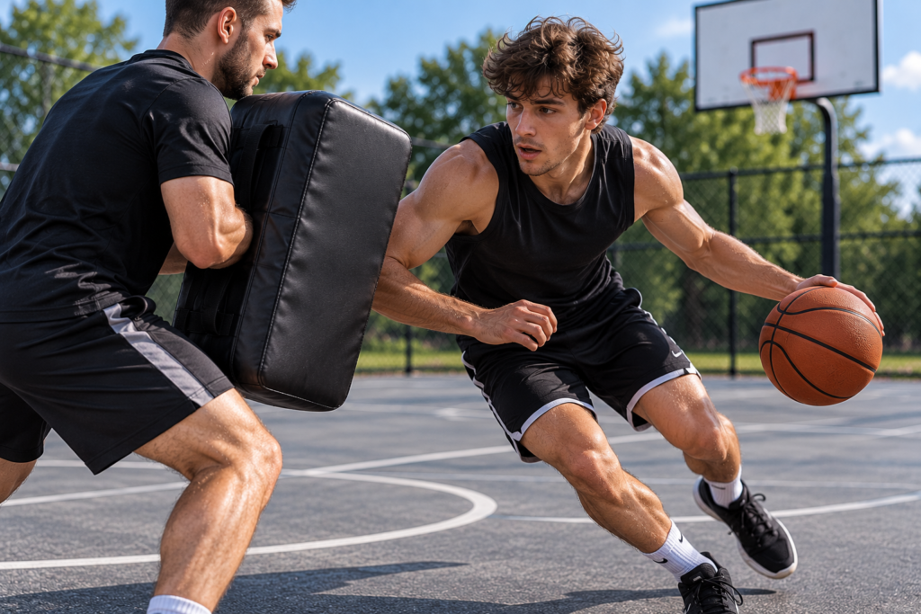 Basketball player practising a contact drill with a blocking pad