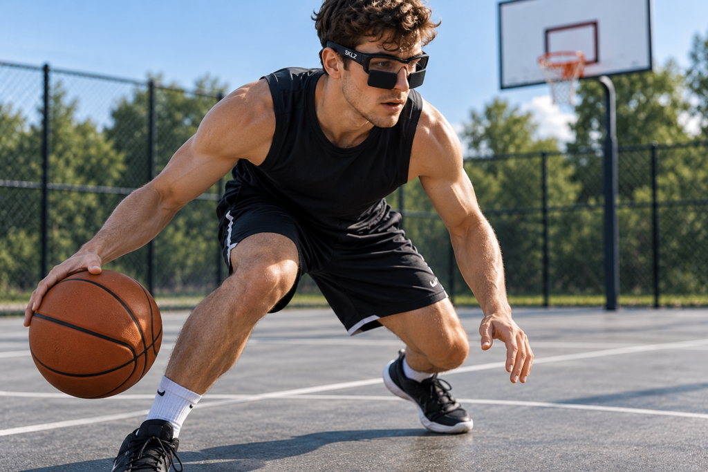 Basketball player dribbling while wearing vision-restricting goggles