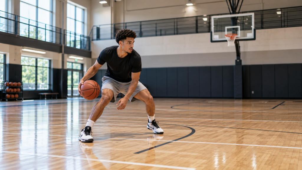 Basketball player practising on an indoor hardwood court