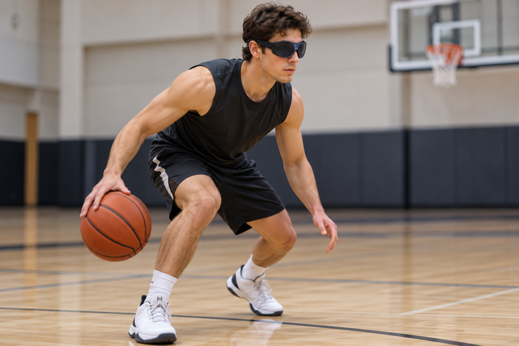 Basketball player dribbling with goggles that restrict the lower field of vision