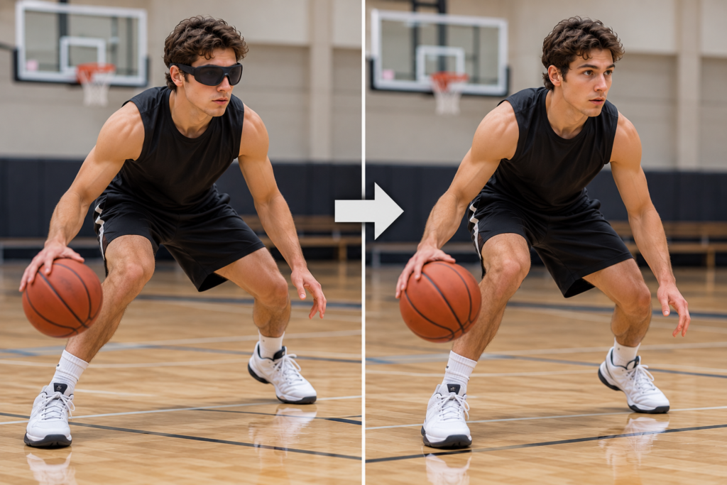 Basketball player repeating a dribbling drill with and without dribbling goggles