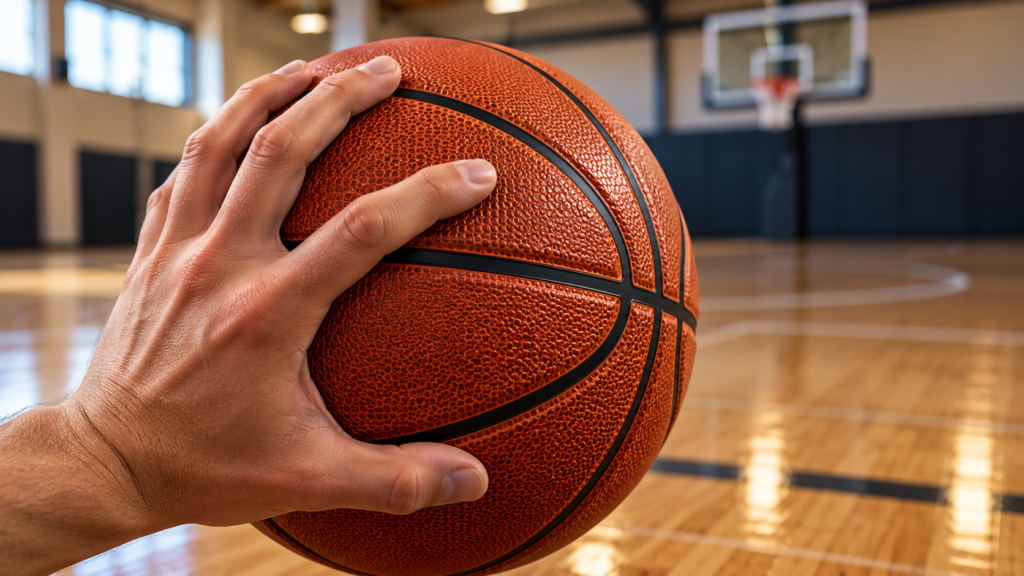 Hand gripping an indoor basketball to show surface texture and channels