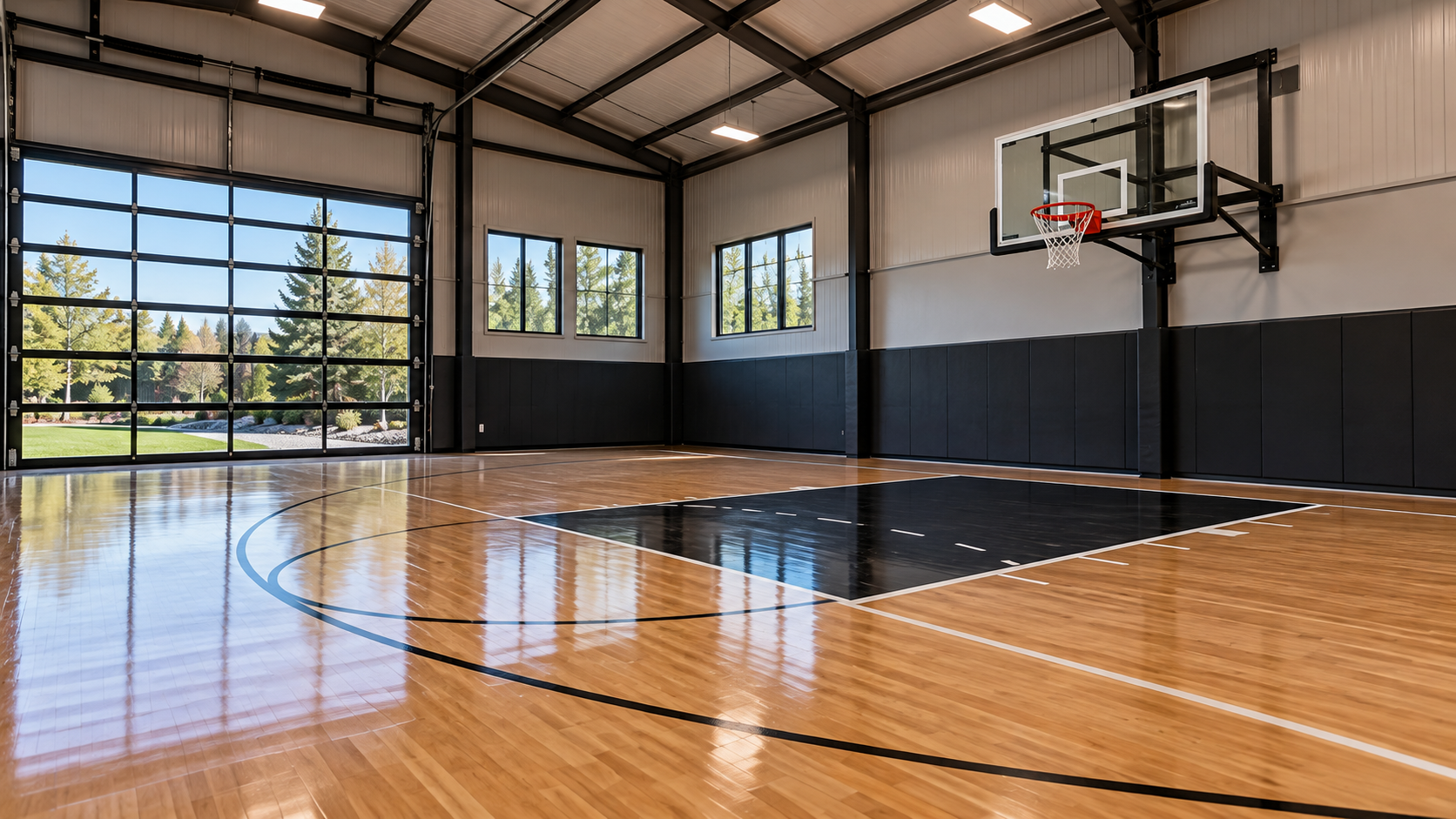 Indoor basketball court with hardwood flooring and a wall-mounted hoop