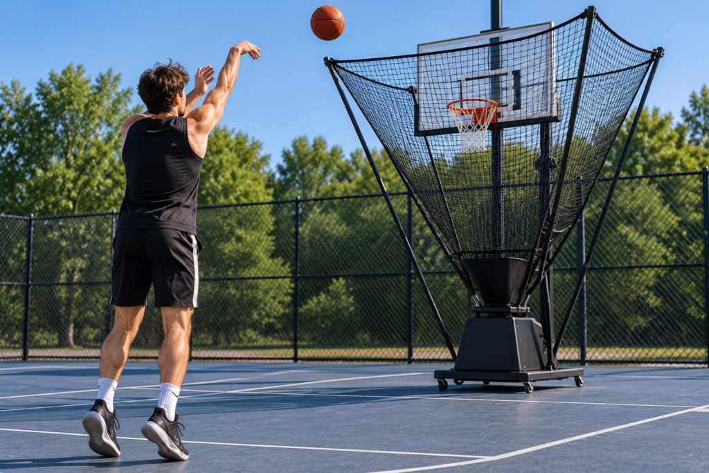 Basketball player shooting with a rebounder system around the hoop Caption: blank