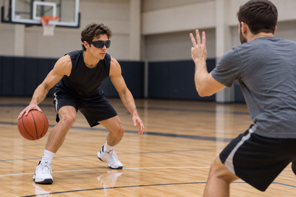 Basketball player using dribbling goggles while reacting to a partner holding up fingers