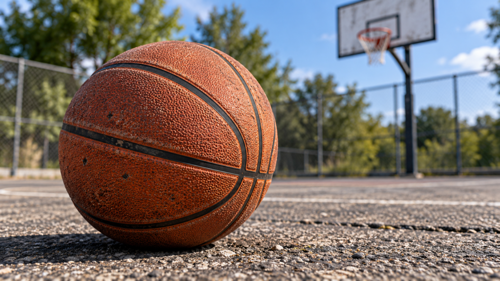 Worn outdoor basketball on a rough concrete court 
