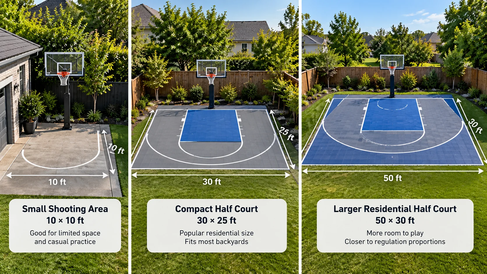 Comparison of three backyard basketball court layouts: a small shooting area, compact half court, and larger residential half court