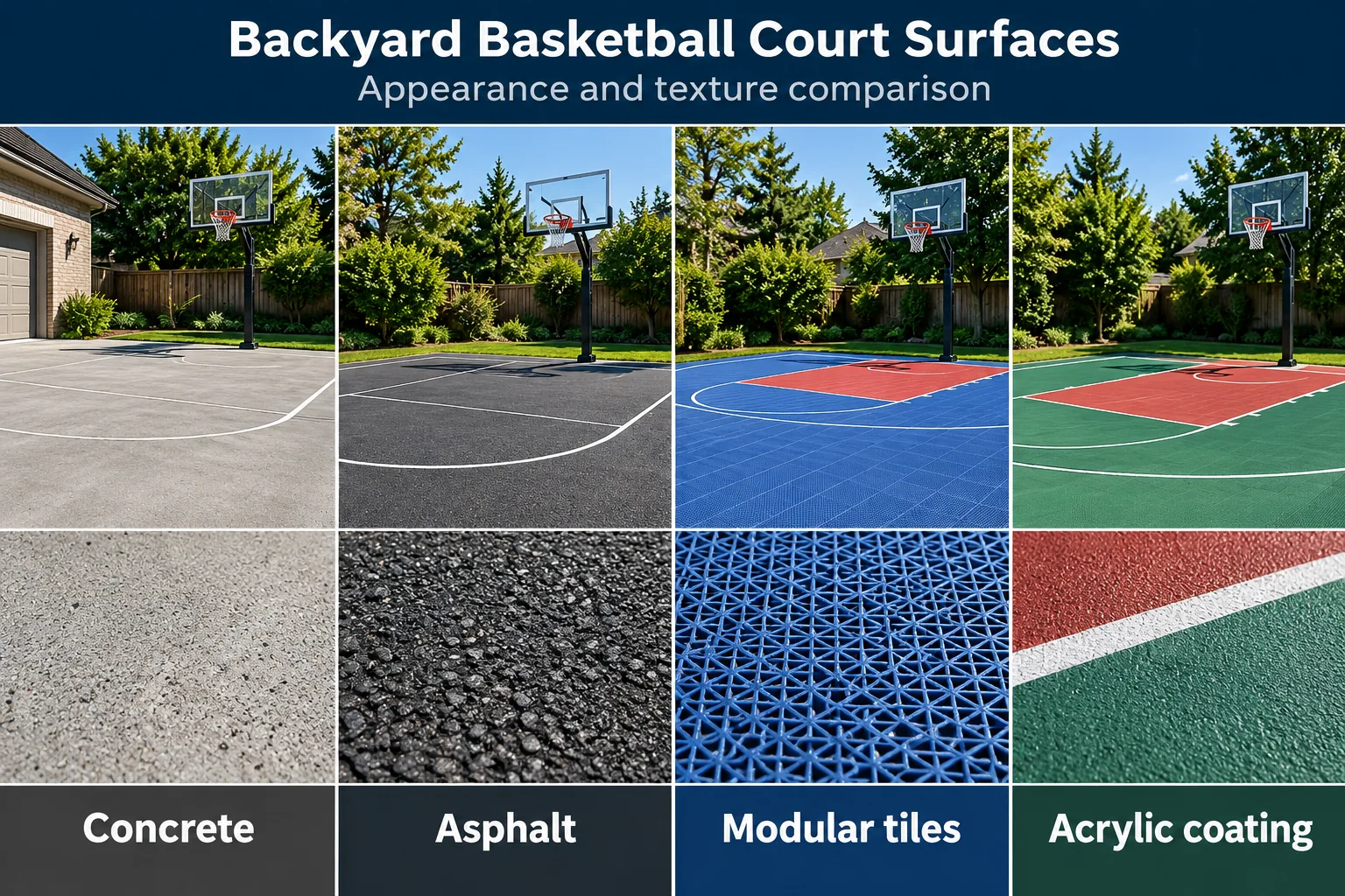 Comparison of concrete, asphalt, modular tiles, and acrylic coating for backyard basketball courts, with surface texture close-ups
