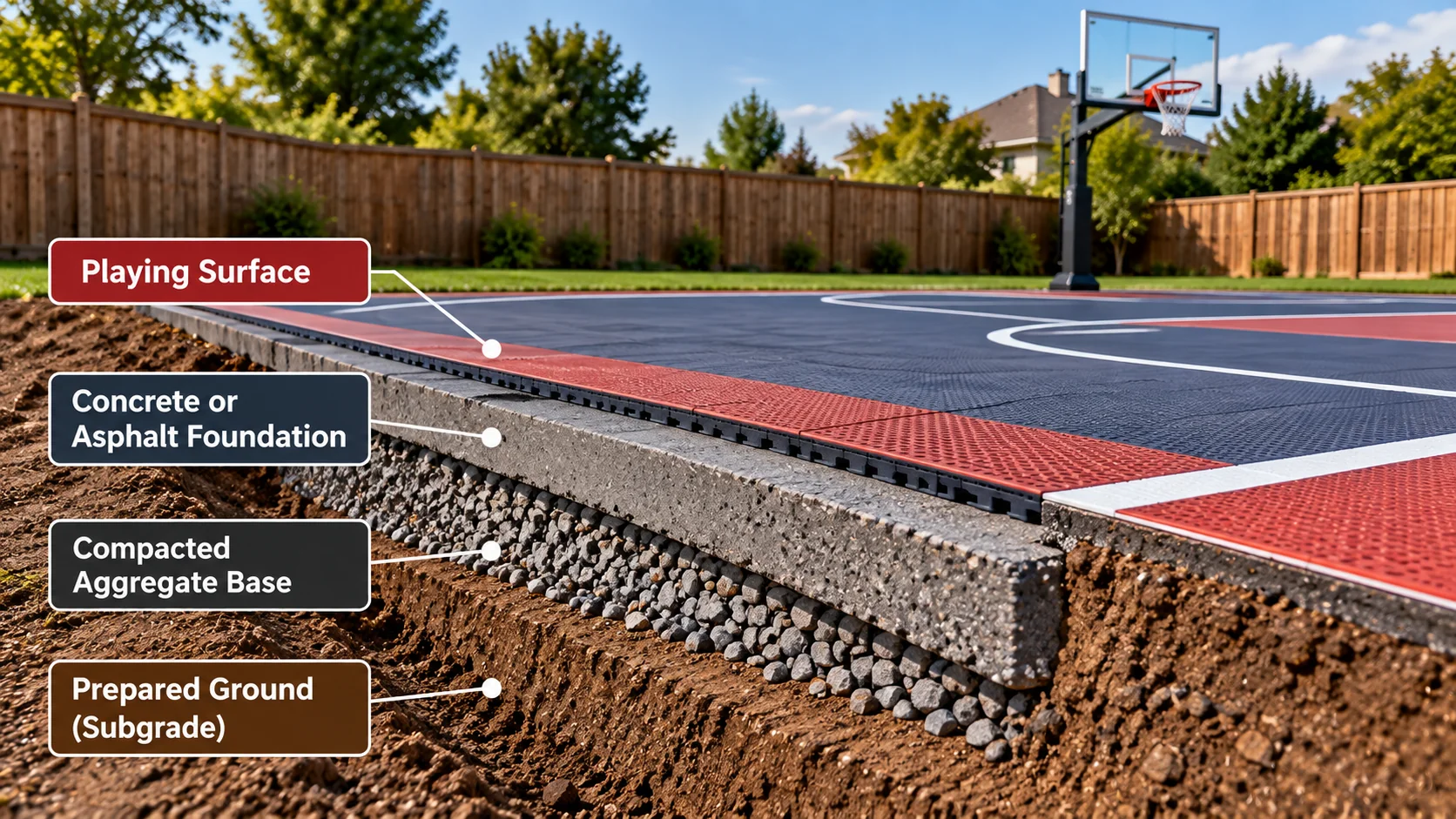 Cross-section of a basketball court showing the playing surface, concrete foundation, compacted aggregate base, and prepared ground