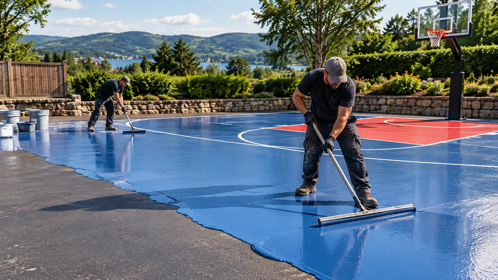 Contractors applying blue acrylic sports coating to an outdoor basketball court using squeegees