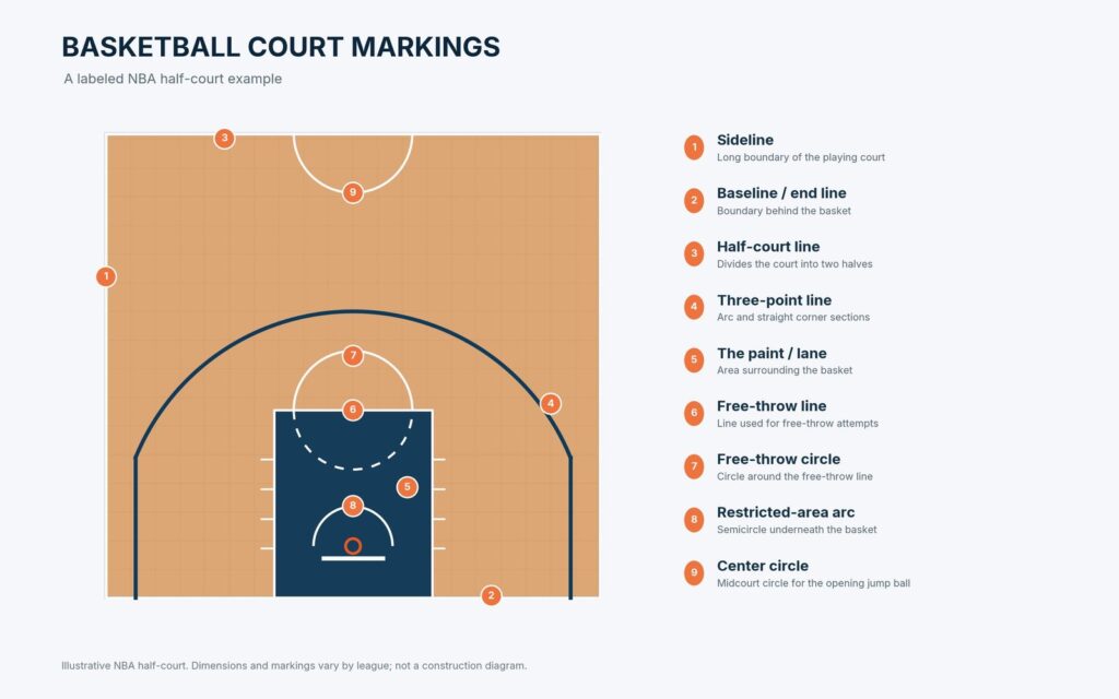 Labeled NBA half-court diagram identifying the three-point line, free-throw line, paint, restricted area, and court boundaries