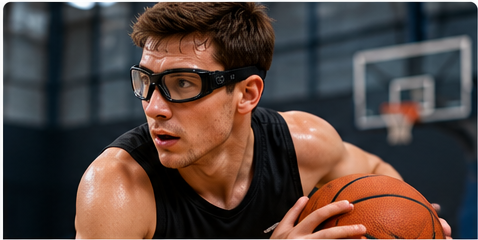 Basketball player wearing protective basketball goggles
