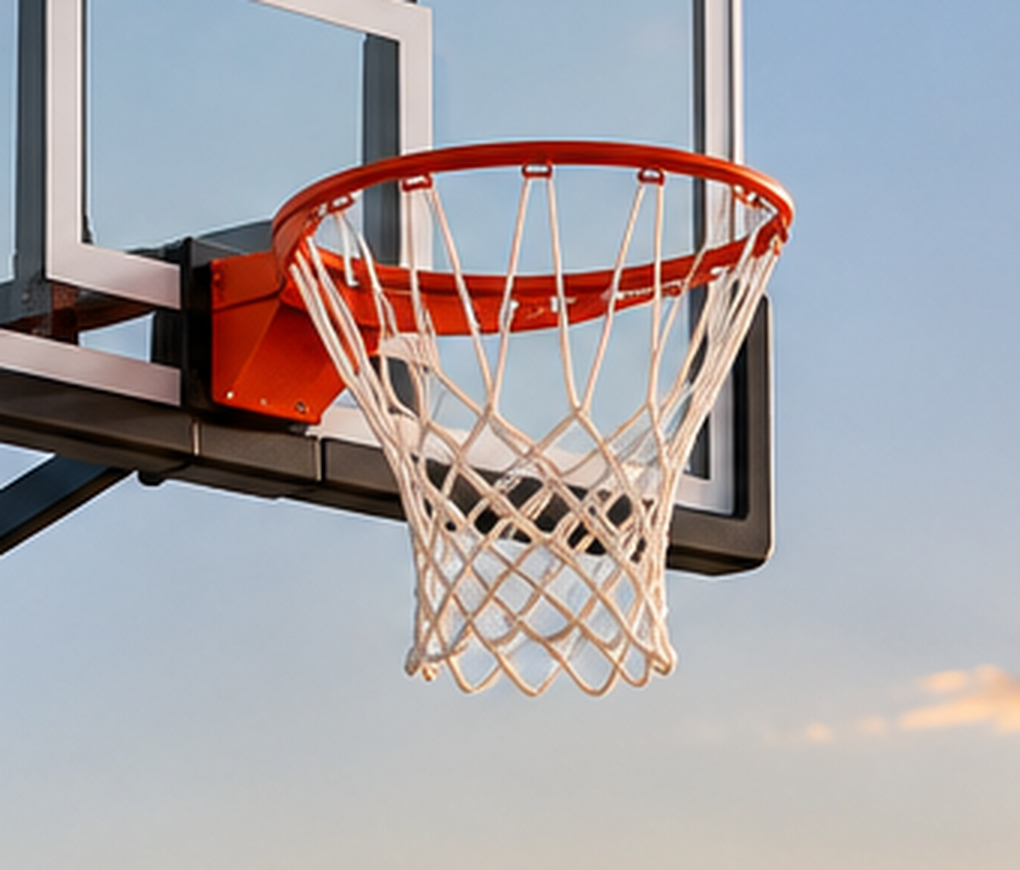 Close-up of a basketball rim, white net, net attachment points, and mounting bracket