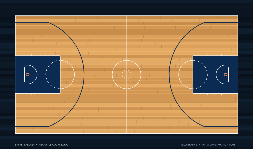 Blank full-court basketball diagram showing both baskets, three-point lines, free-throw lanes, and center circle