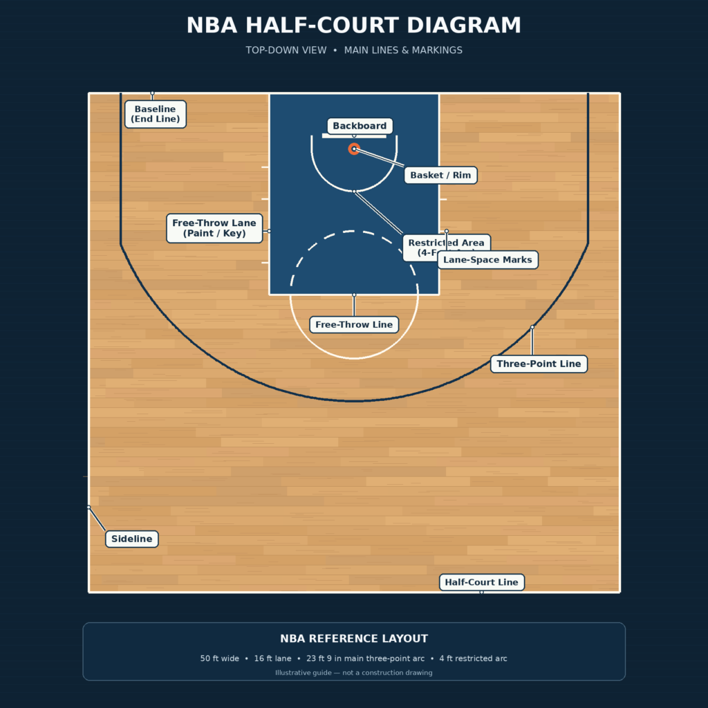 Labeled NBA half-court basketball diagram showing the three-point line, free-throw lane, restricted area, and basket