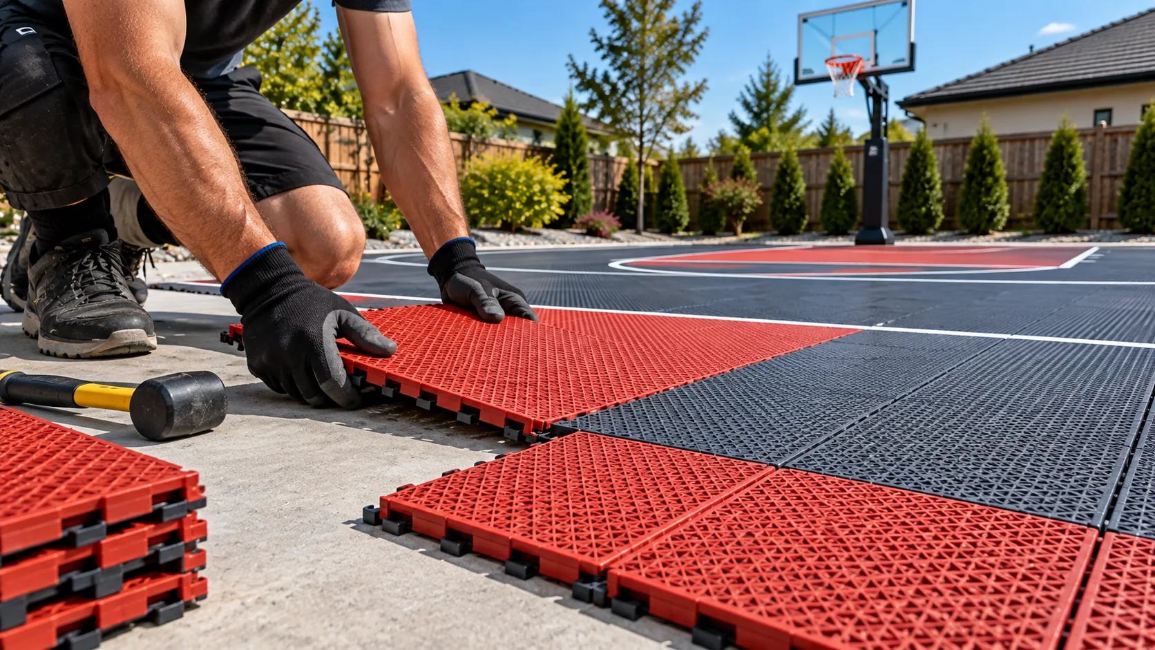 Person installing red interlocking basketball court tiles over a concrete surface